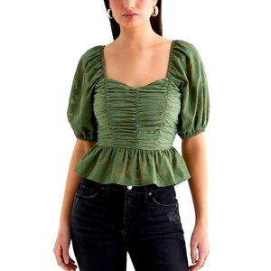 NWT Express XL Striped Floral Puffed Sleeve Cactus Ruched Peplum Top